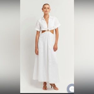 HALLOW WHITE LINEN RING MIDI DRESS-DISSH